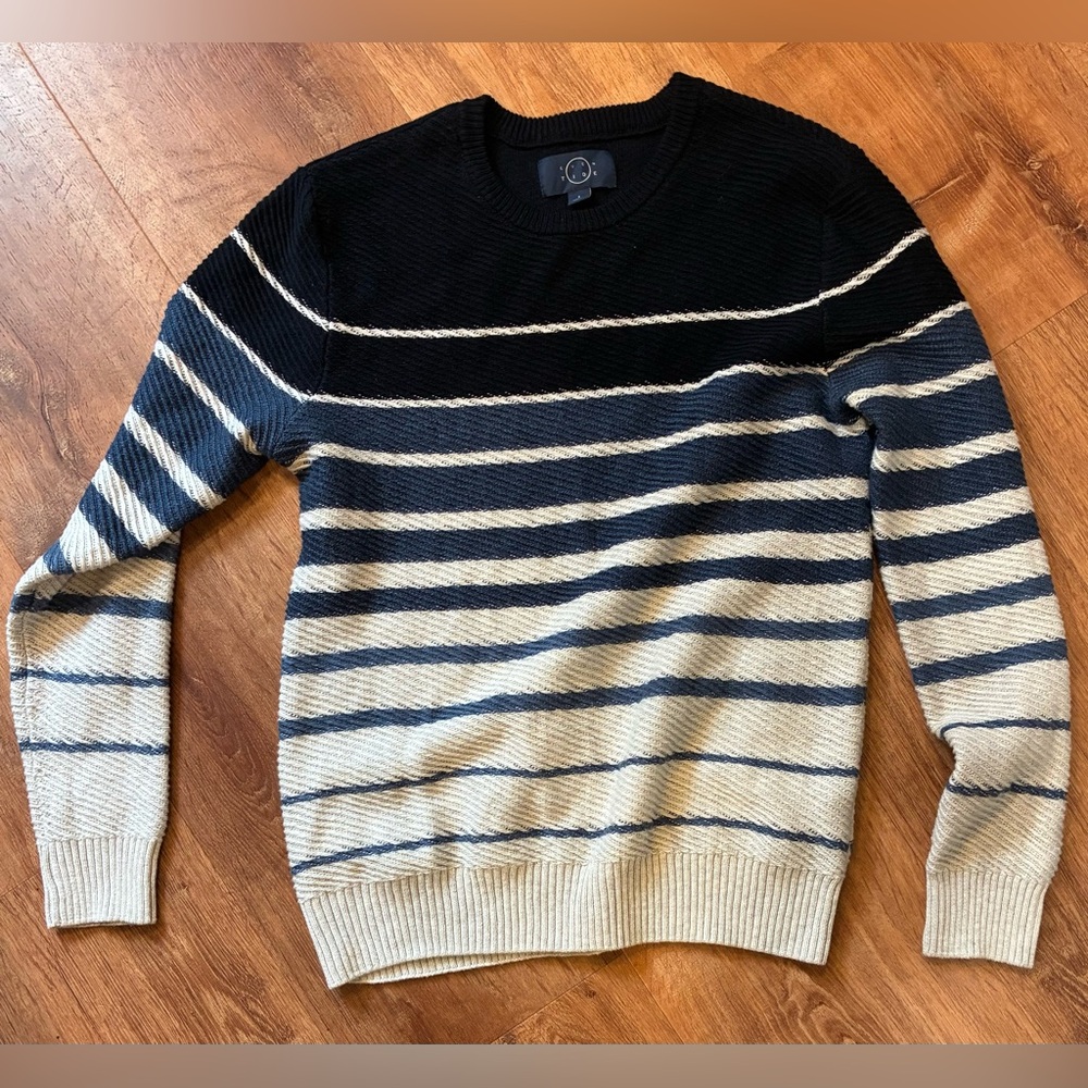 Even Tide Striped Sweater Men’s Small Navy Cream Coastal Nautical Knit Pullover